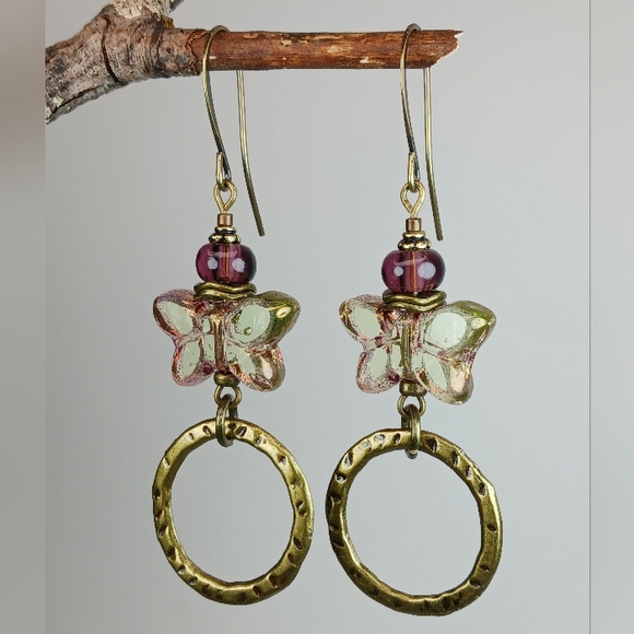 HAND CRAFTED Artisan Glass Green Purple Butterfly Hoop Dangle Earrings - Picture 2 of 7
